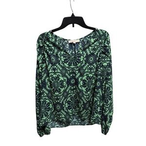LOFT Women's Green Navy Medallion Print Long Sleeve V Neck Blouse Top Size L
